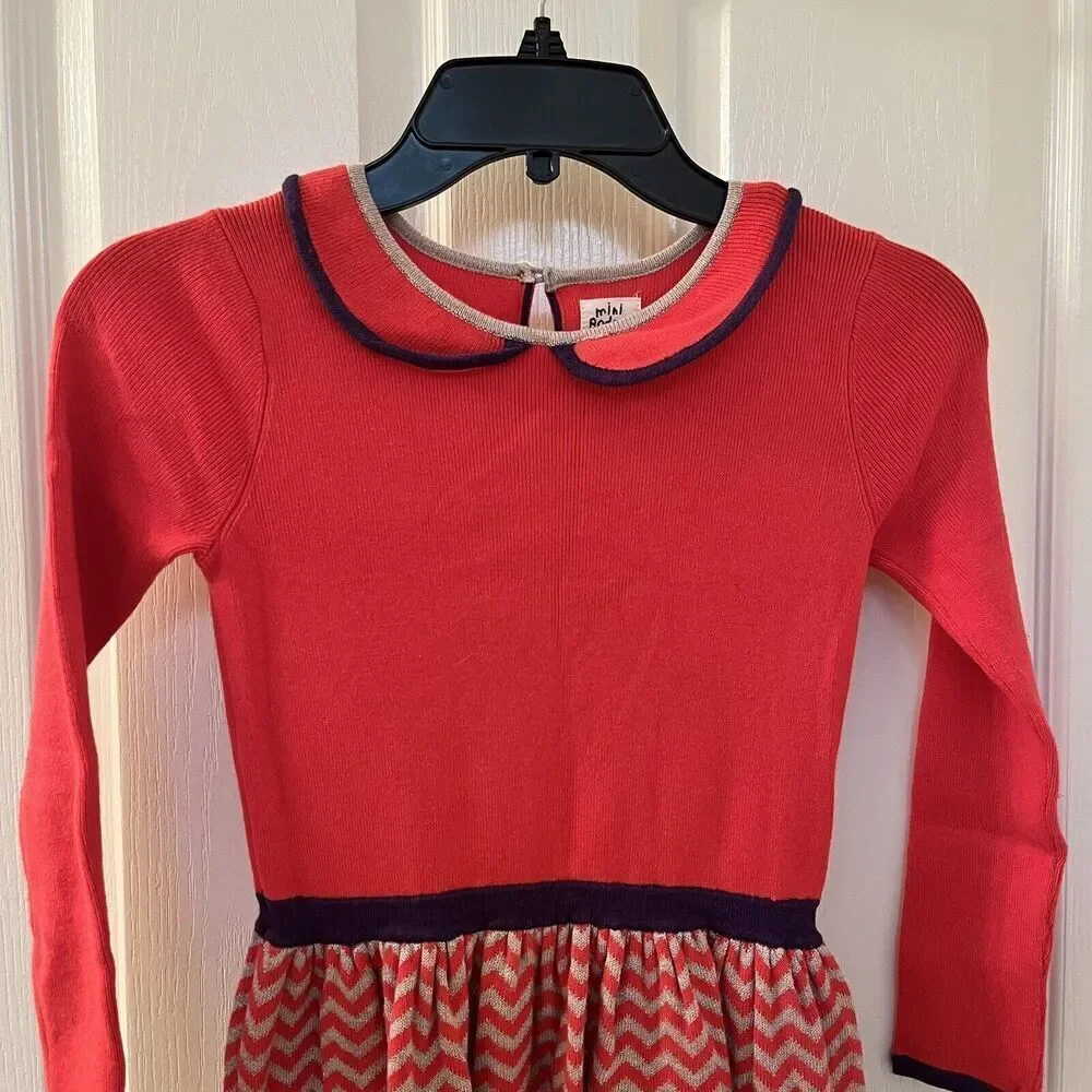Mini Boden Long Sleeve Peter Pan Collar Sweater Dress Chevron Girls Size 5-6